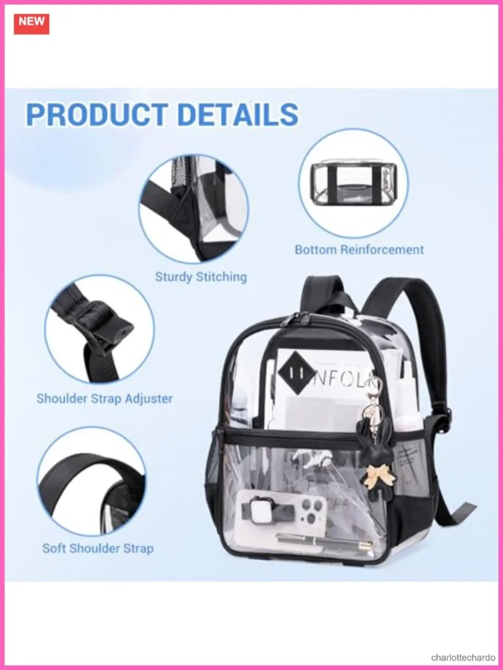 Clear Backpack Stadium Approved 12x6x12 Thick TPU with Front Pocket